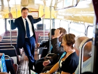 David Cameron chats to activists inside Annesley’s bus